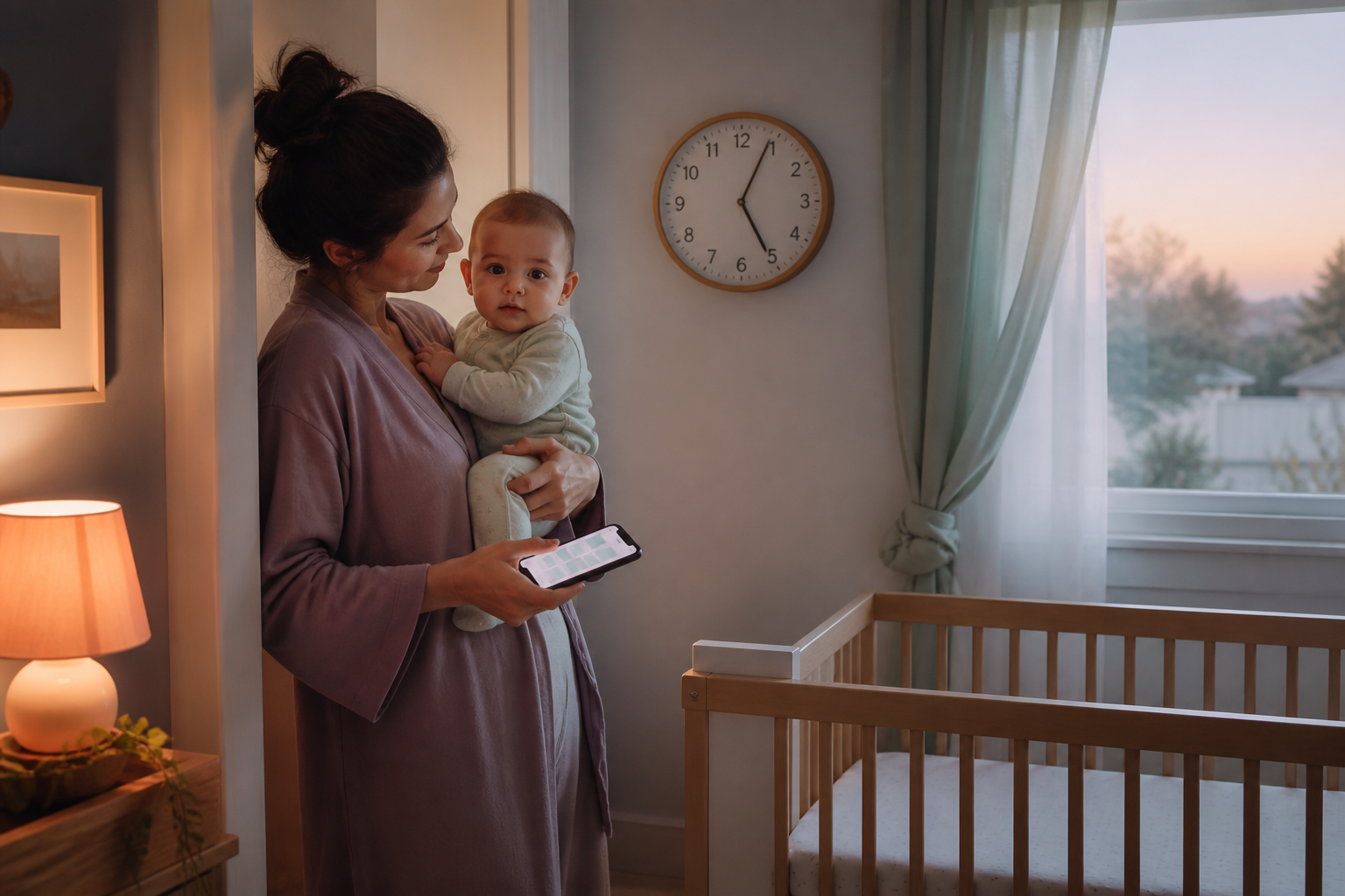Caregiver holding an alert pajama-clad baby beside a phone schedule, analog clock, dawn window and bare crib
