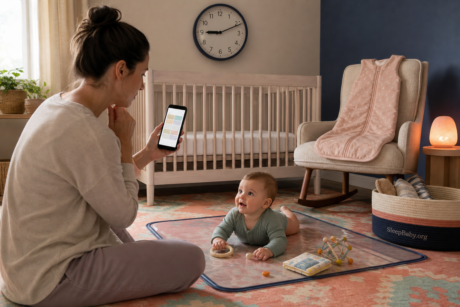 Parent checking a phone schedule while an alert baby plays beneath a just-after-nine clock beside a bare crib and sleep sack