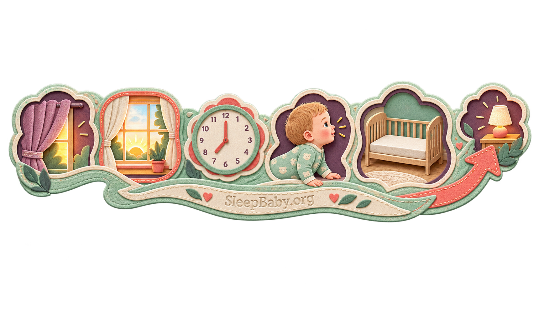 Layered morning-anchor rail showing curtains opening, dawn light, a clock, an alert pajama baby, a bare crib, and a next-nap lamp
