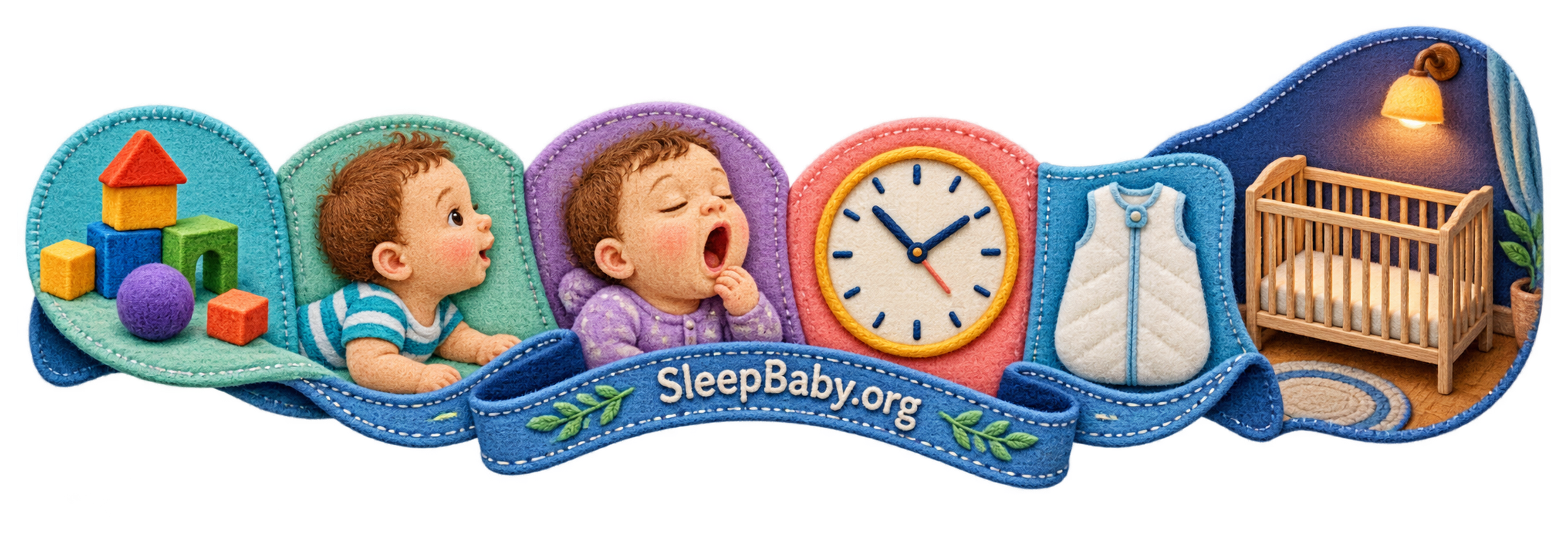 Felt nap-opportunity rail moving from play blocks and an alert baby through a yawn, clock, sleep sack, lamp, and bare crib