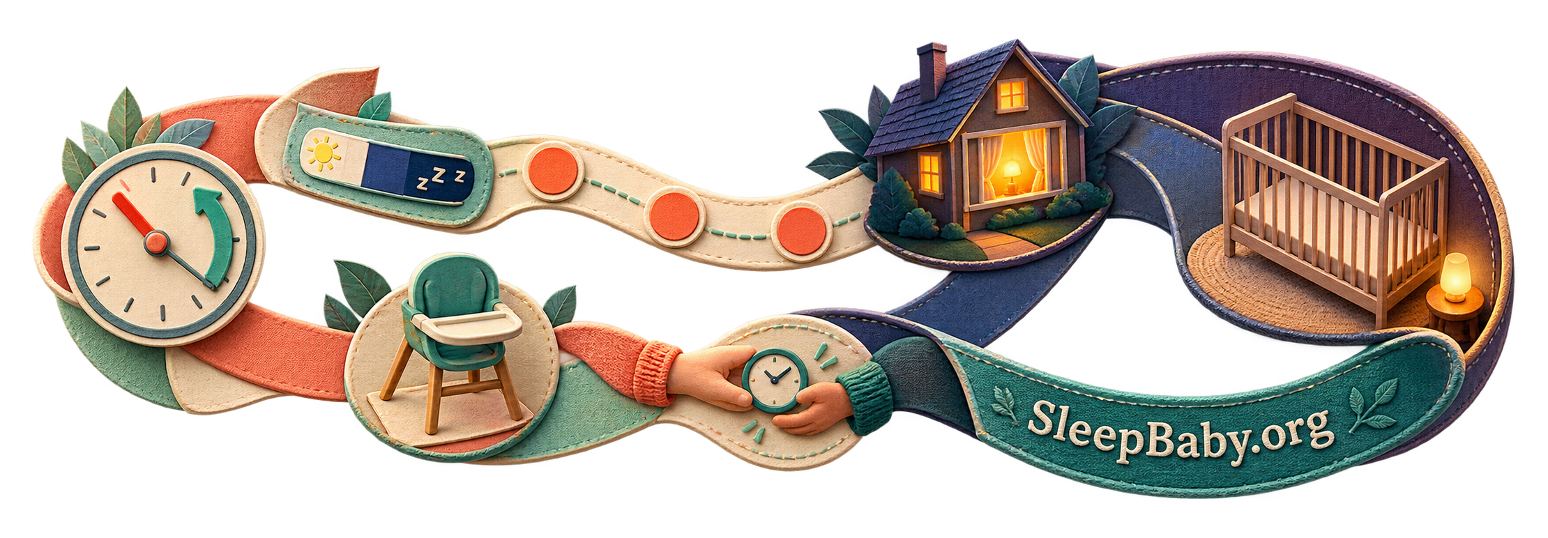 Looping three-day schedule repair rail showing an adjustable clock, three day marks, feeding chair, caregiver handoff, early-bedtime window, nightlight, and bare crib