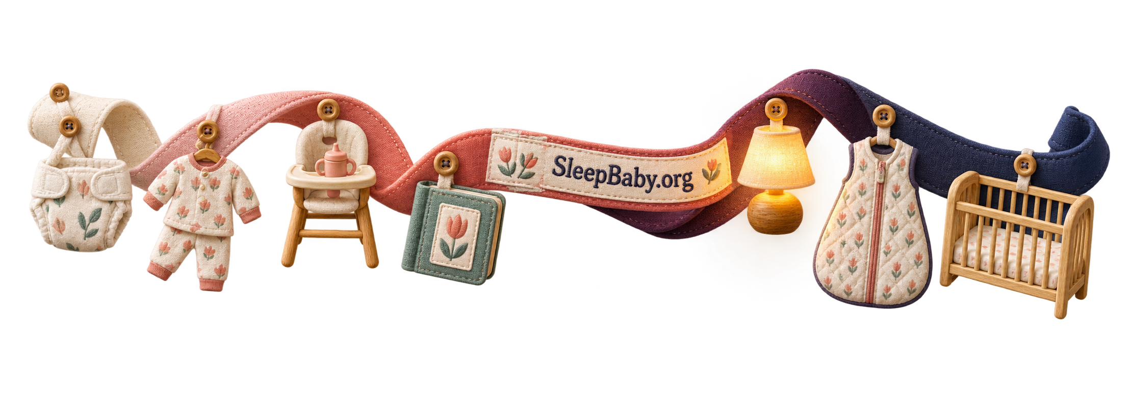 Stitched bedtime routine rail showing diaper, pajamas, feeding chair, book, amber lamp, sleep sack, and a bare crib