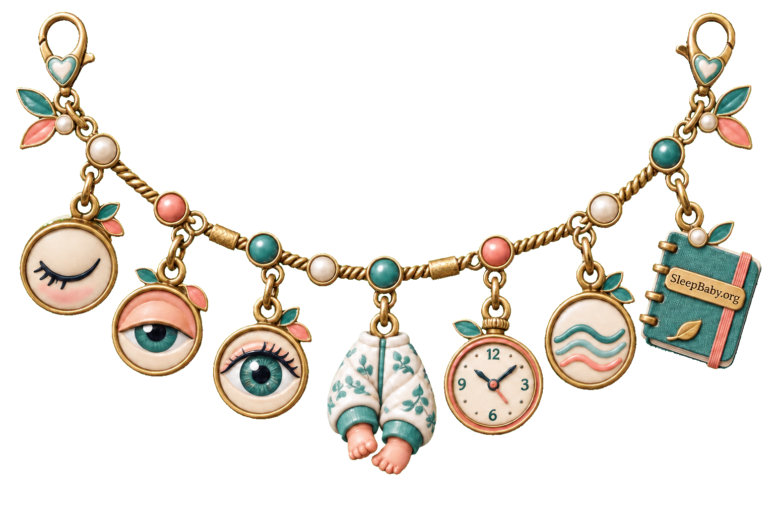 A charm strand links sleeping and waking eyes, covered moving legs, a clock, movement waves, and a SleepBaby.org notebook.