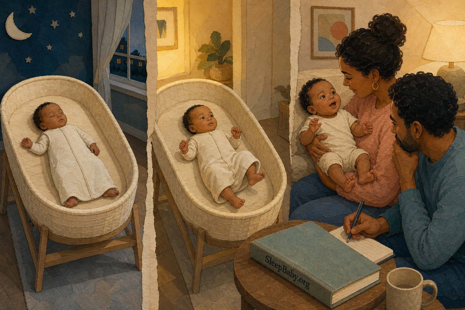 Three connected nursery moments show the same baby asleep, beginning to wake, and fully awake beside a branded observation notebook.