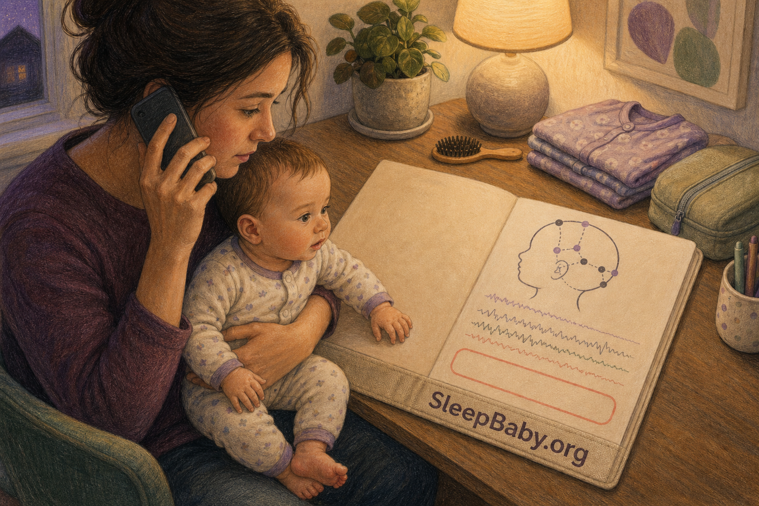 Caregiver holding an awake infant while confirming one instruction by phone with the pediatric sleep-study order open.