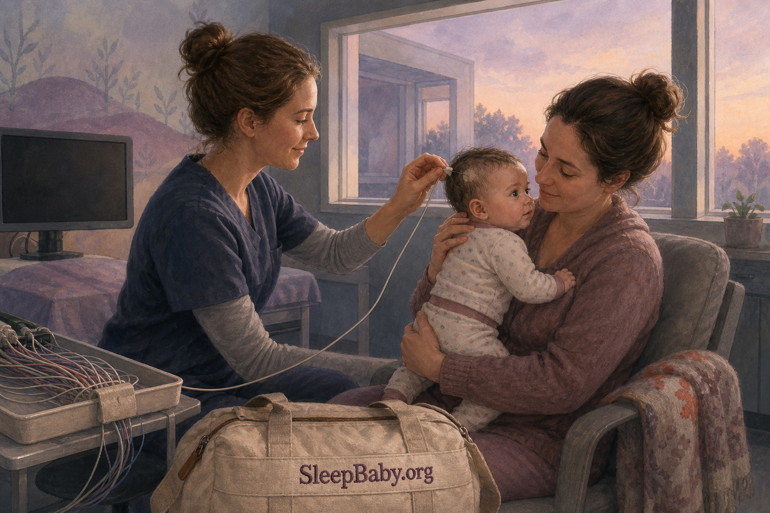 Awake infant back in a caregiver's arms while a technologist removes the last passive sleep-study lead at dawn.