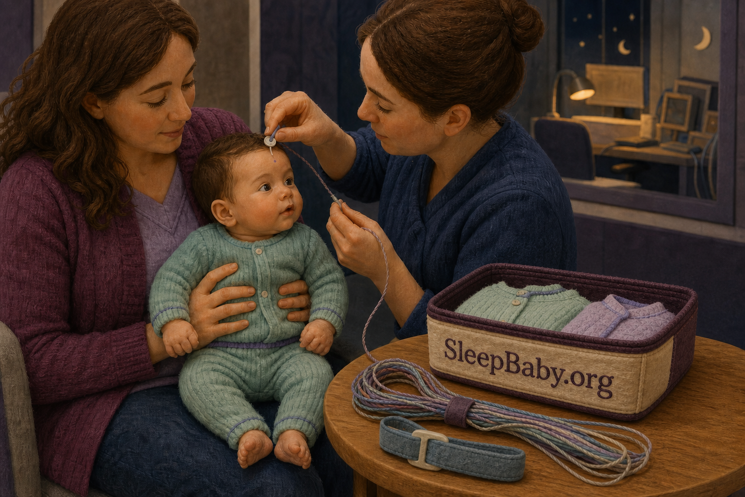 Technologist placing one passive scalp sensor while a caregiver safely supports an awake infant in a pediatric sleep lab.
