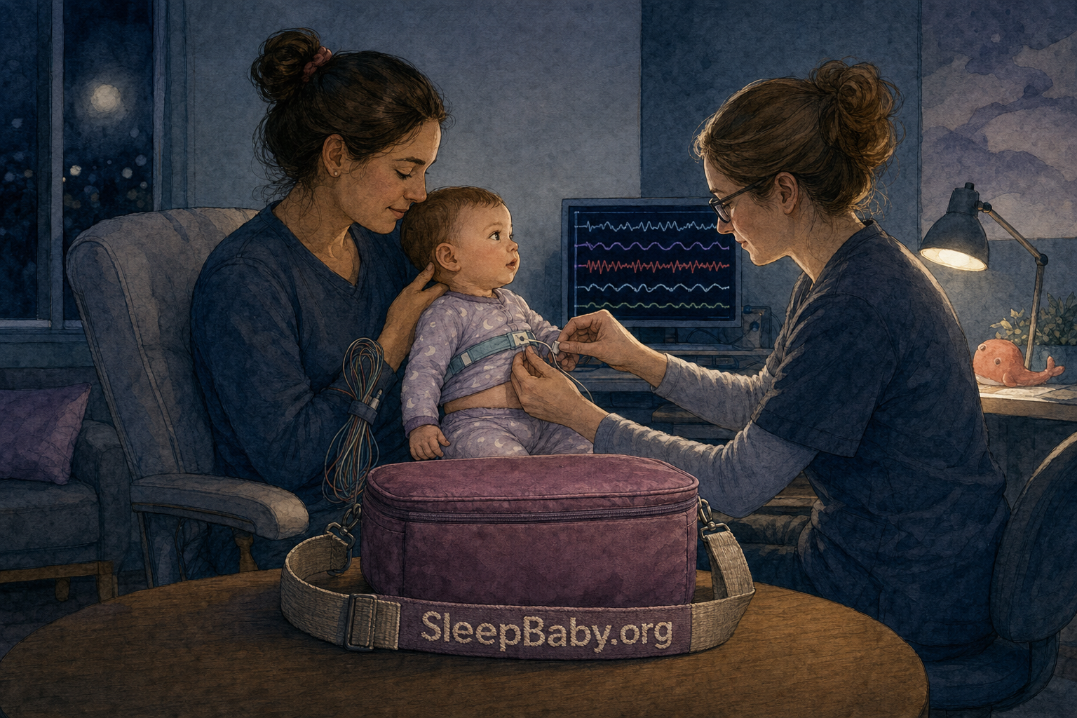 Caregiver responding to an awake infant while a sleep technologist restores one loose sensor during an overnight study.