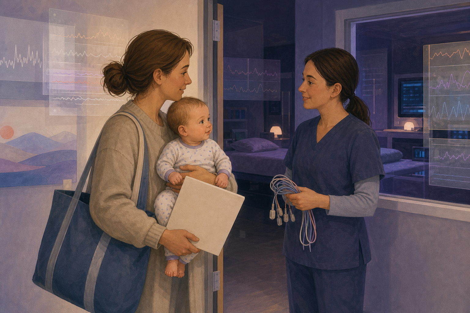 Caregiver holding an awake infant at the entrance to a pediatric sleep lab while a technologist carries passive sensor leads.