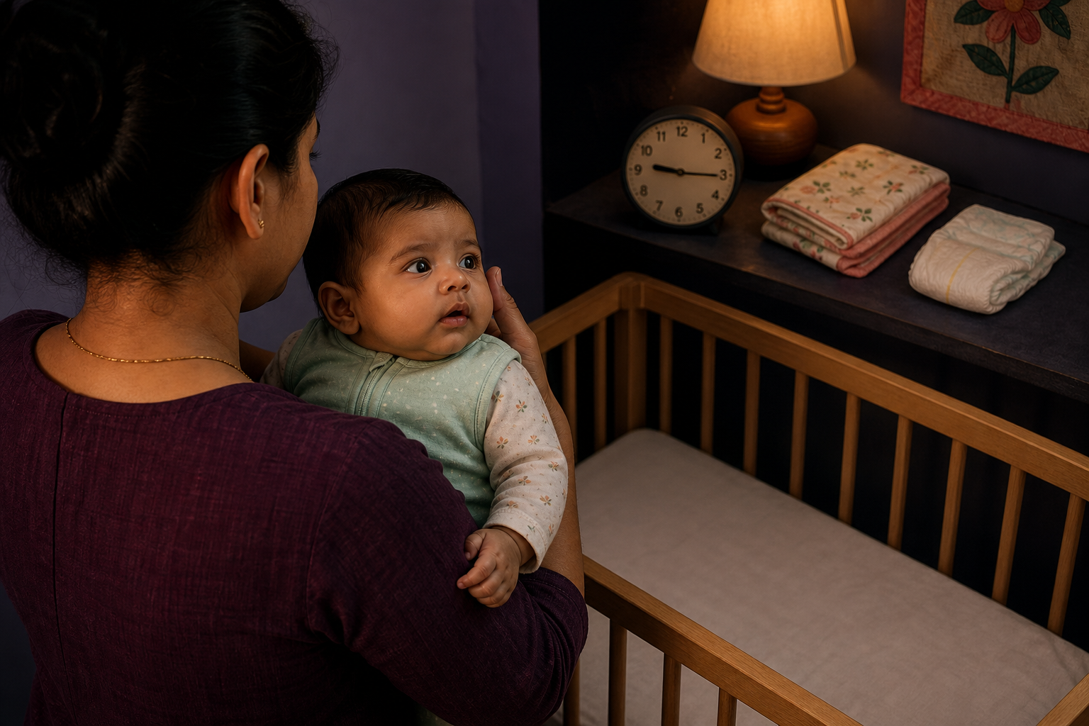 A parent notices an infant's hunger cues near a bedside clock before returning the baby to a clear crib