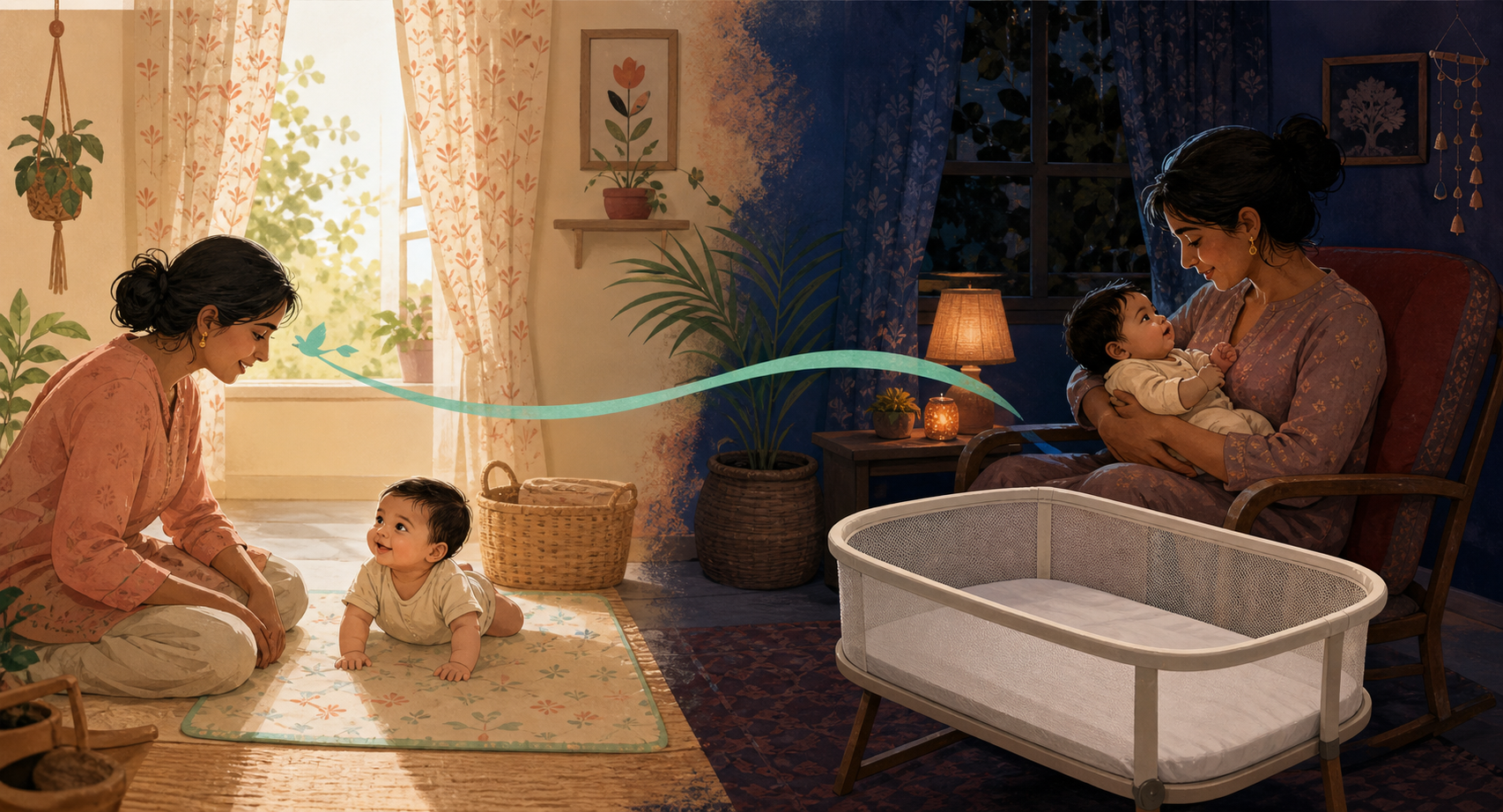 A split day and night nursery shows bright daytime interaction and a dim quiet wind-down beside a clear infant crib