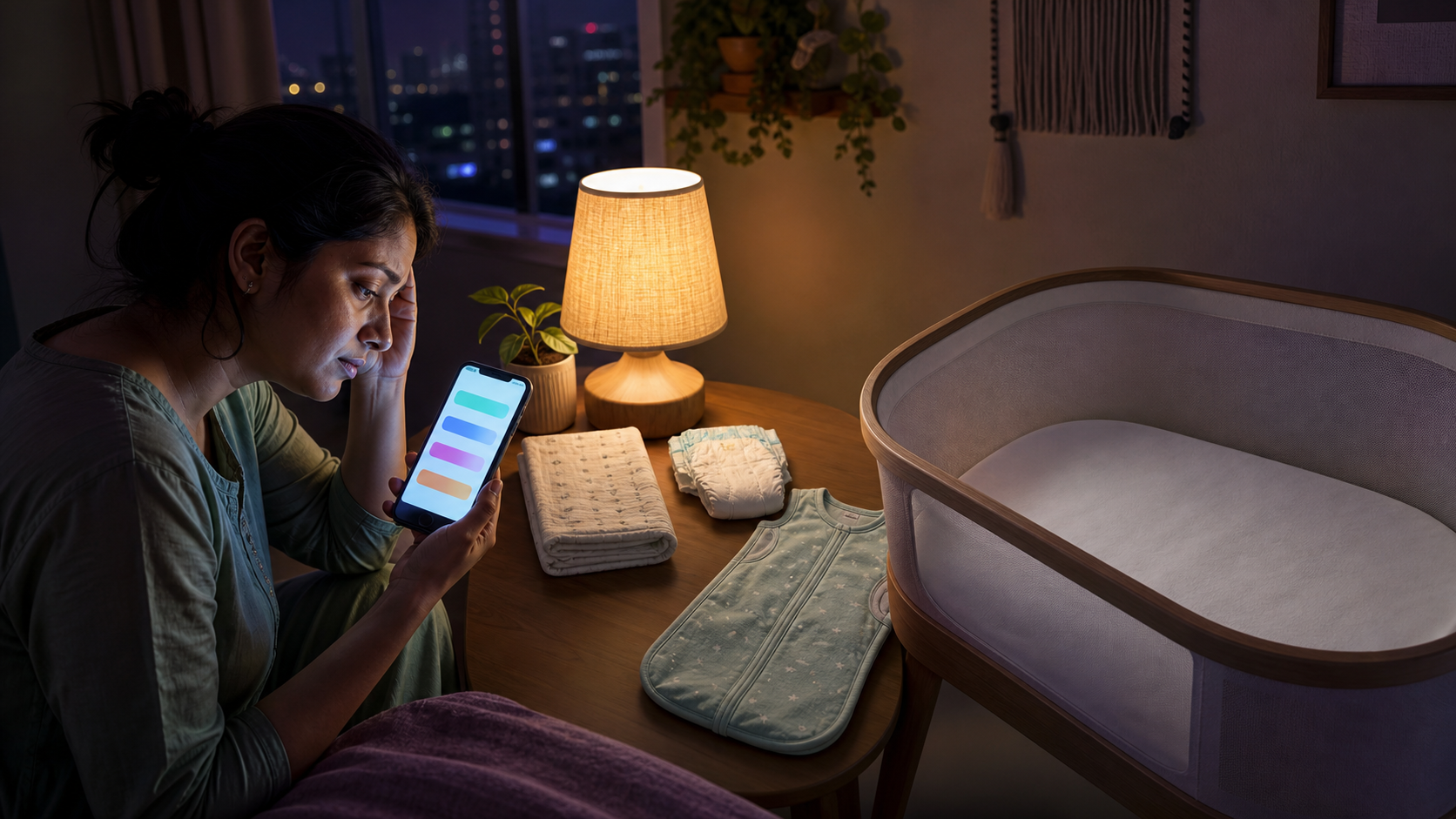 A parent reviews a Hindi bedtime sequence beside a safely sleeping baby in an empty bassinet