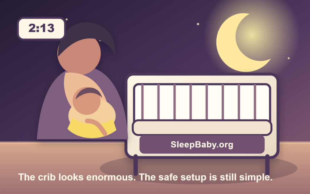 Tired parent holding a newborn beside a large bare crib in a moonlit nursery with SleepBaby.org engraved into the crib footboard