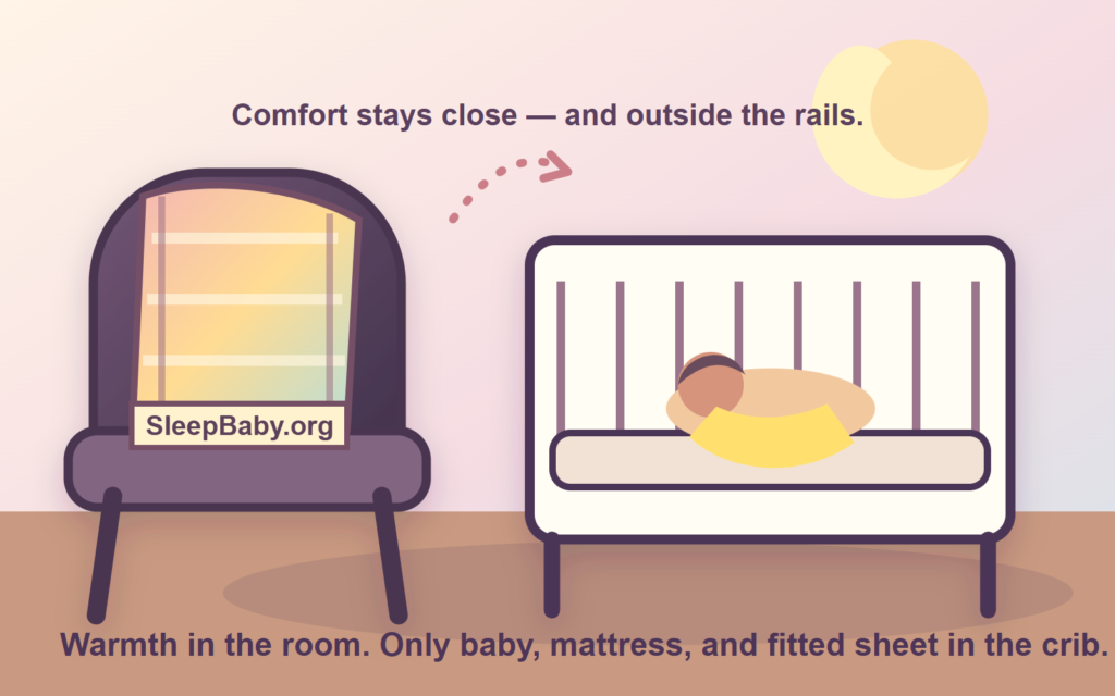 Folded SleepBaby.org blanket on a chair beside a separate bare crib where a newborn lies on their back