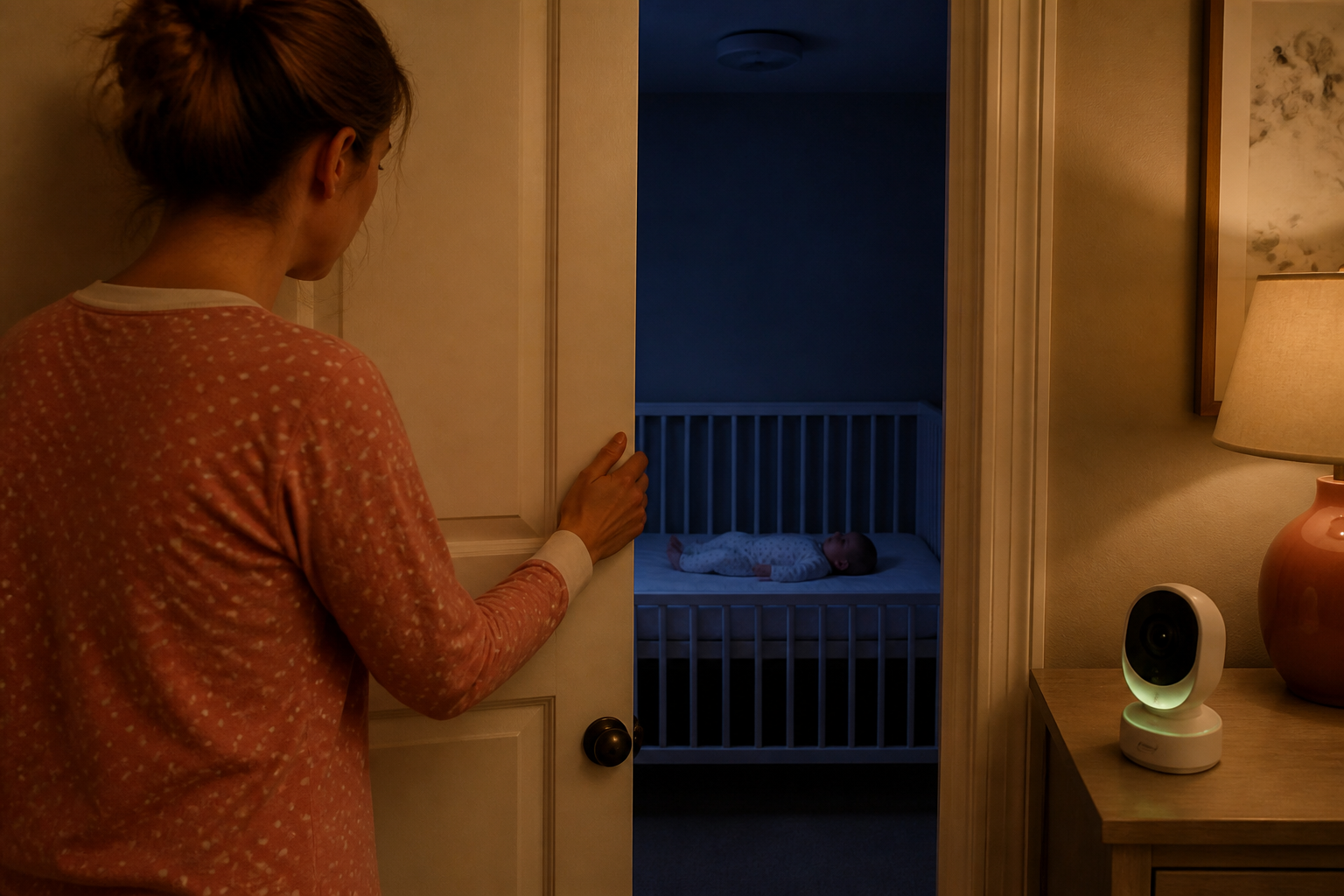 Caregiver closing a nursery door while a baby sleeps on their back in a bare crib and a monitor glows in the hallway
