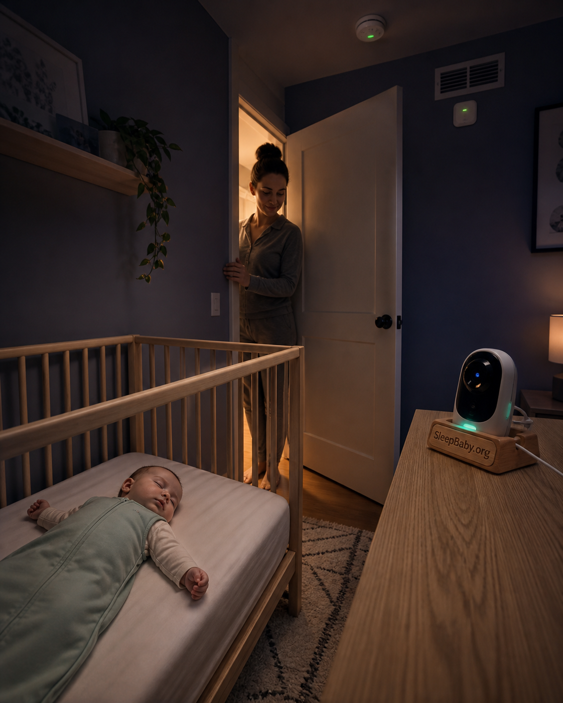 Baby sleeps on their back in a bare crib as a caregiver checks the closed door, smoke alarm, vent, room sensor, and monitor.