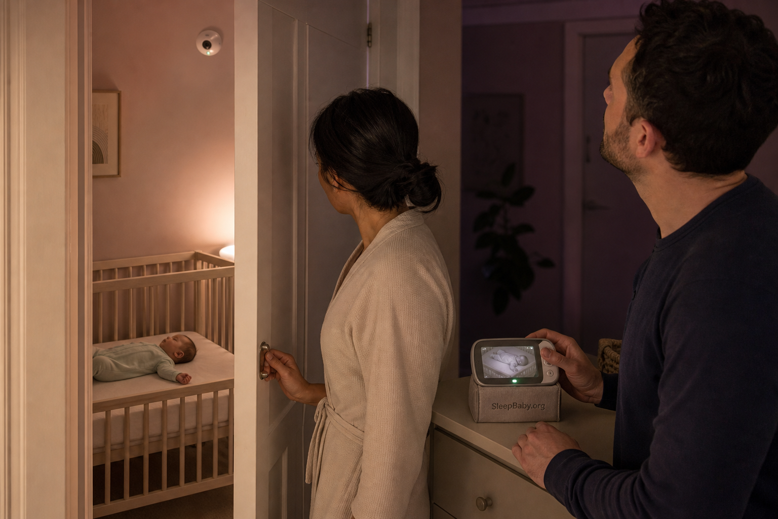 Two caregivers close a nursery door while checking a monitor and ceiling alarm beside a baby sleeping on their back in a bare crib.