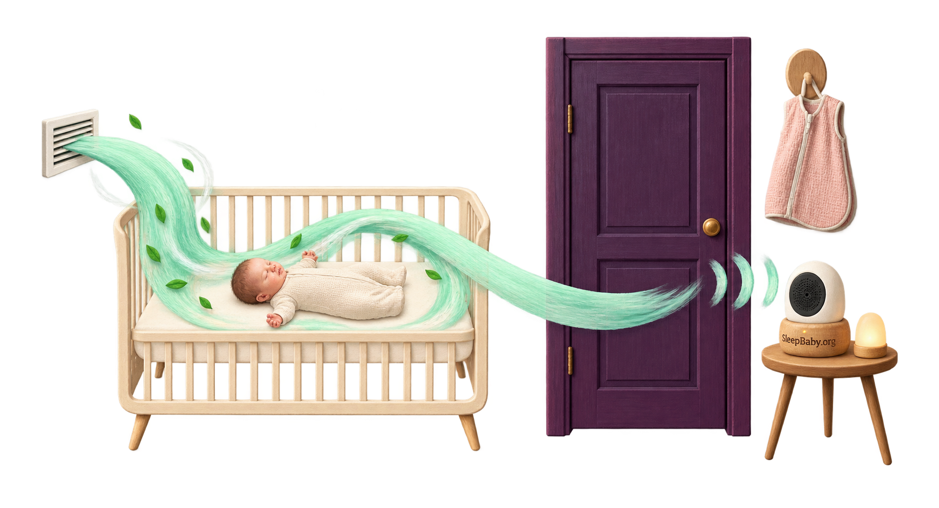 Mint airflow circles a bare crib, stops at a closed door, and becomes a monitor sound signal outside.