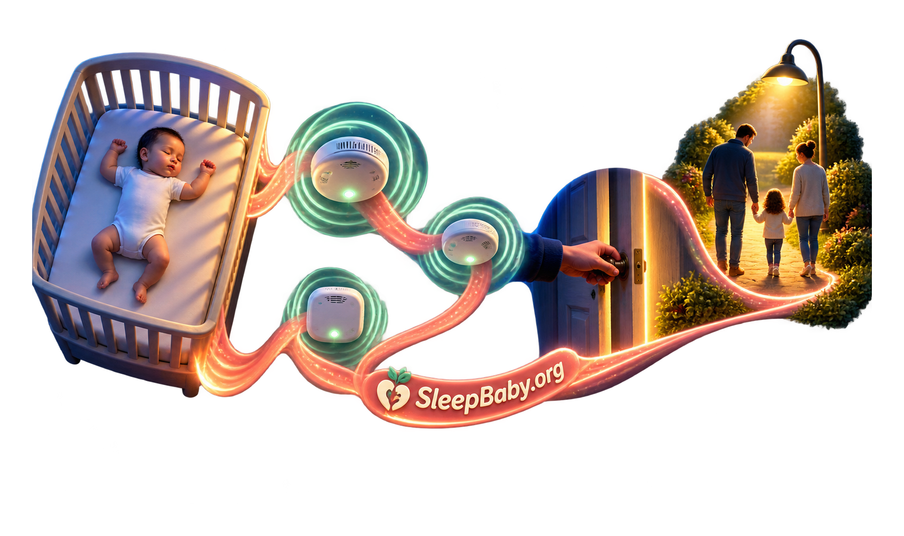 Glowing alarm route links a bare crib, three alarms, an unlocked door, and a family meeting point.