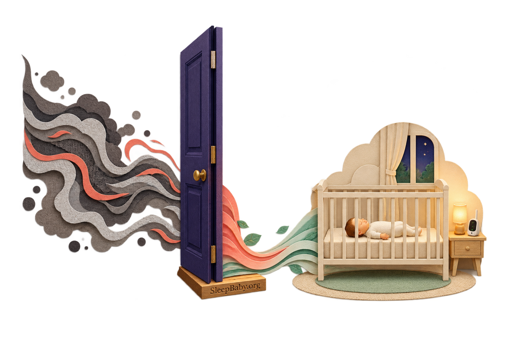 Paper-cut nursery door blocks a smoke-and-heat wave while a baby sleeps safely in a bare crib.