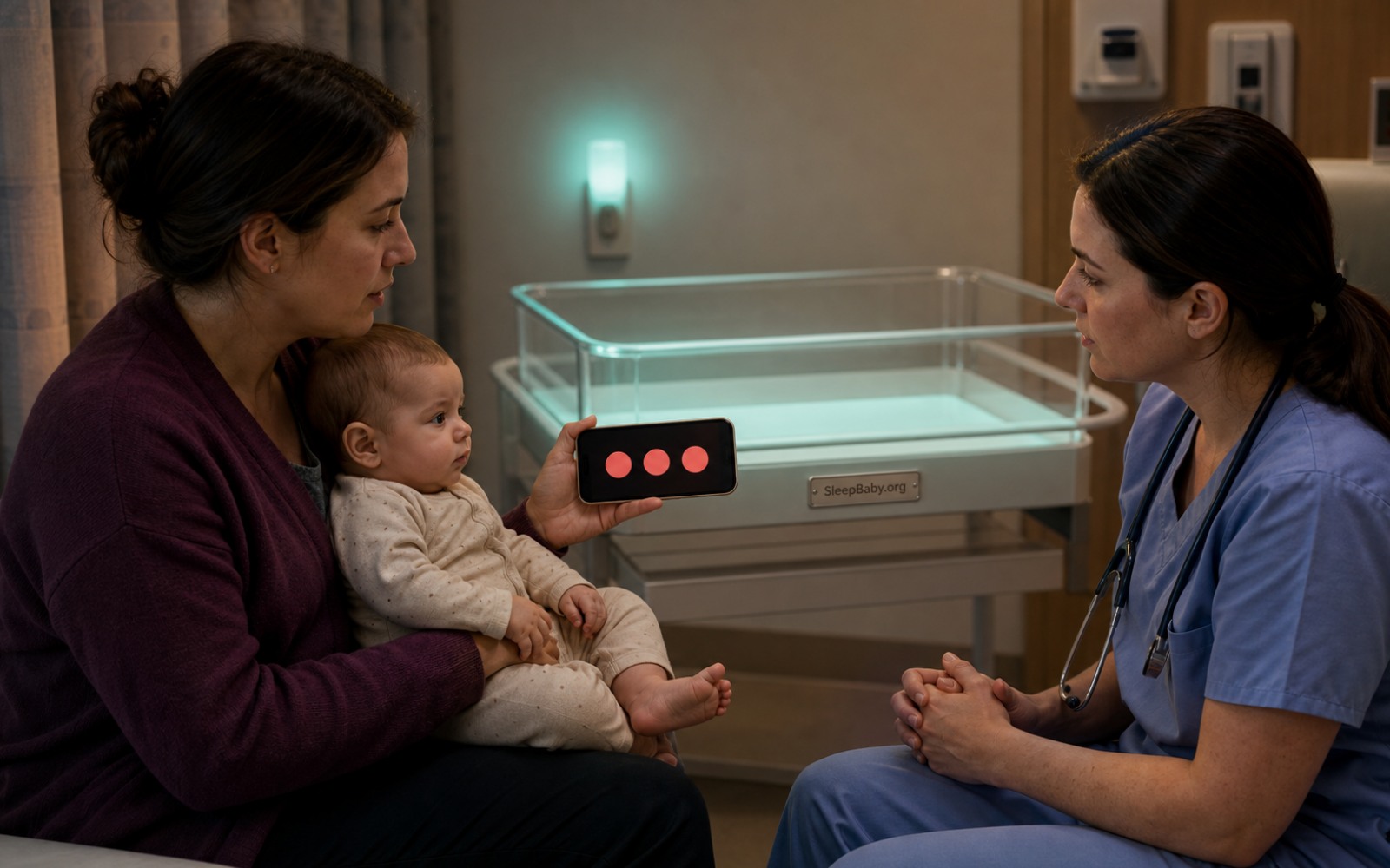 A caregiver shows three coral timing beats on a phone to a pediatric clinician while holding a quiet baby beside a bare hospital bassinet