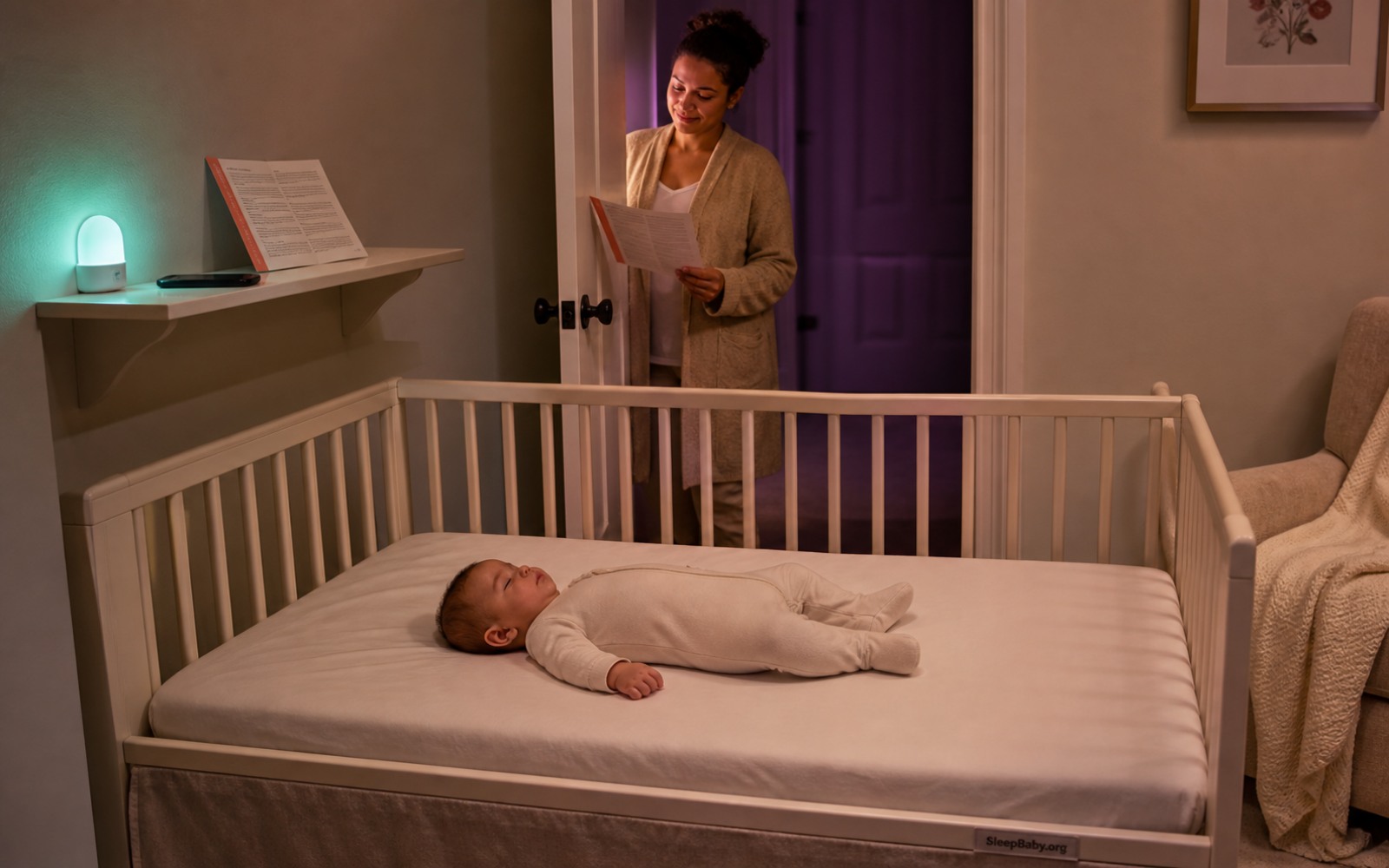 After discharge, a baby sleeps on the back in a bare crib while a caregiver reviews the return plan from the doorway