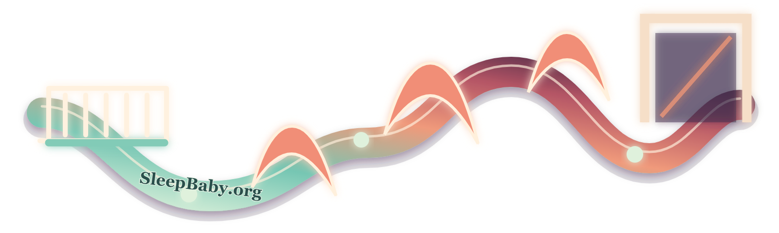 A transparent mint bare-crib rail curls through three coral symptom waves and returns to an open plum care doorway