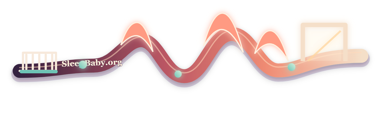 A transparent SleepBaby rail leaves an empty plum crib, crosses three coral pain waves, and opens into a cream care doorway