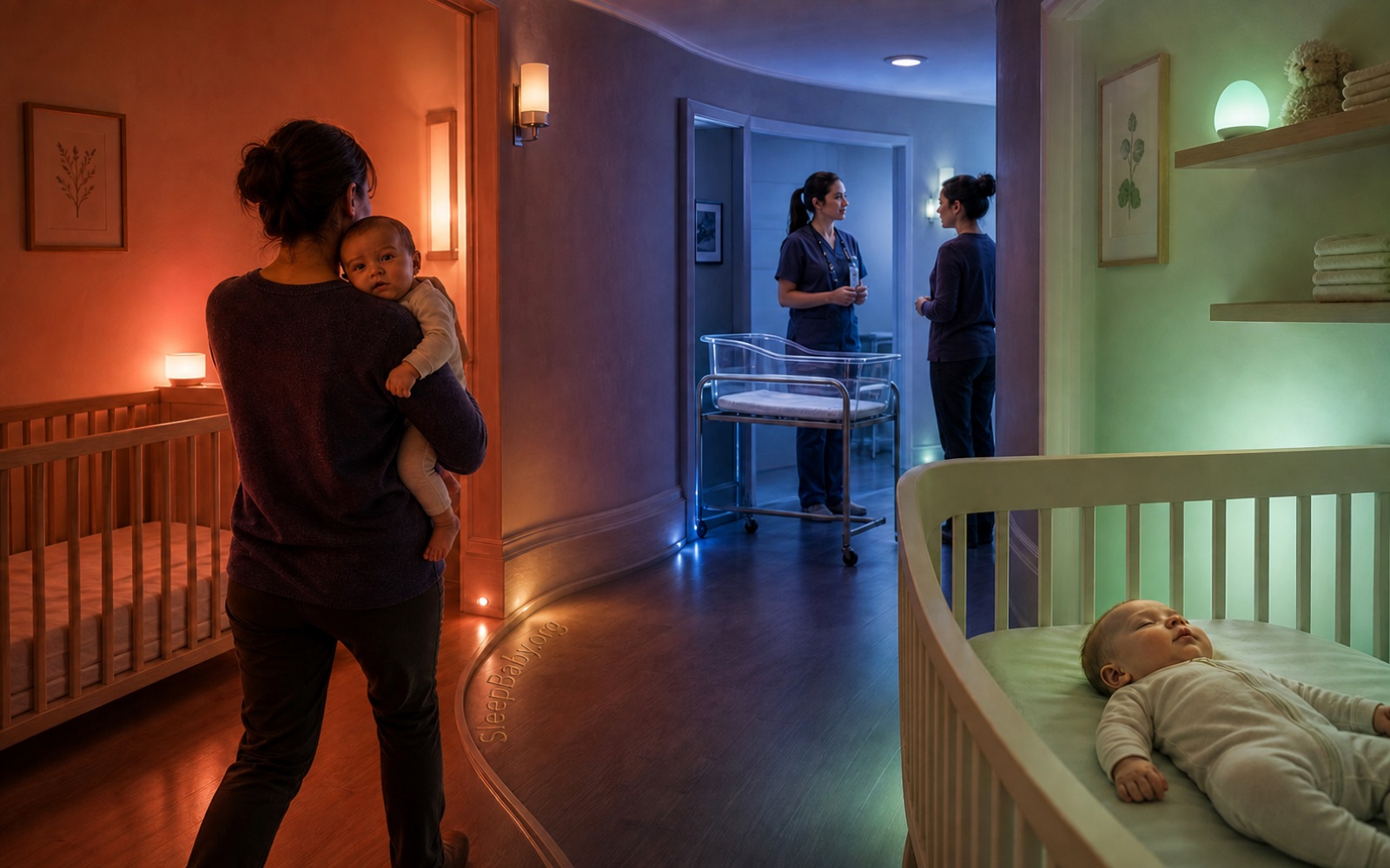 One curved night corridor connects a caregiver leaving an empty crib, a clinician beside a hospital bassinet, and a discharged baby asleep in a bare crib