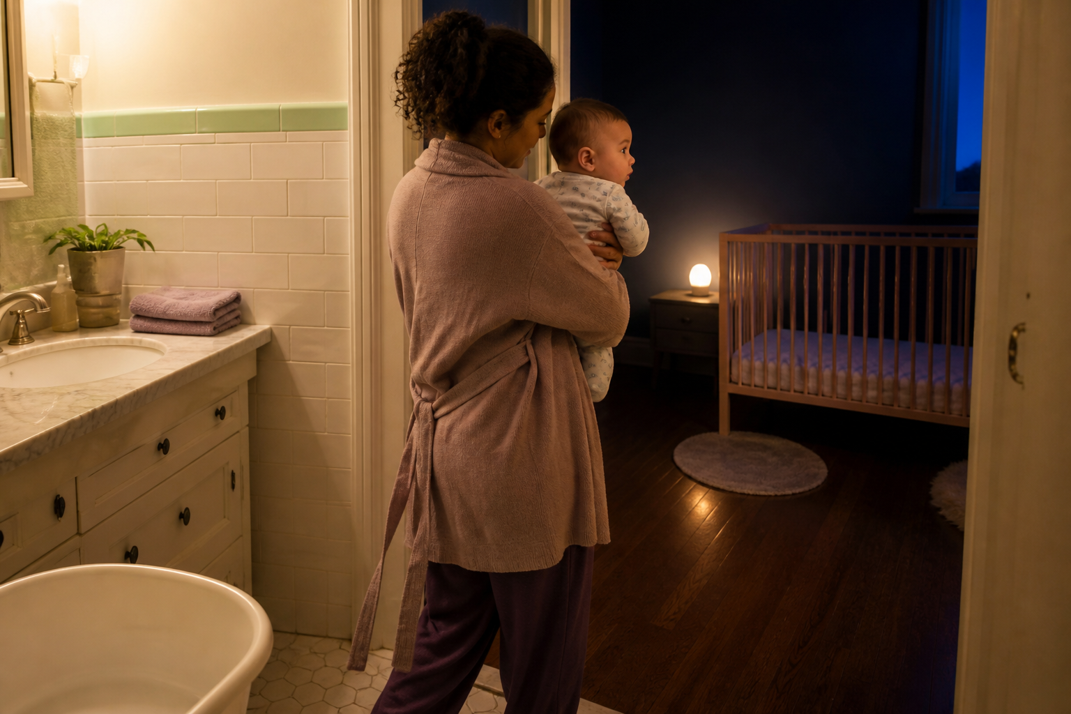 Caregiver carries an awake pajama-clad baby from a quiet bathroom toward a bare crib at night