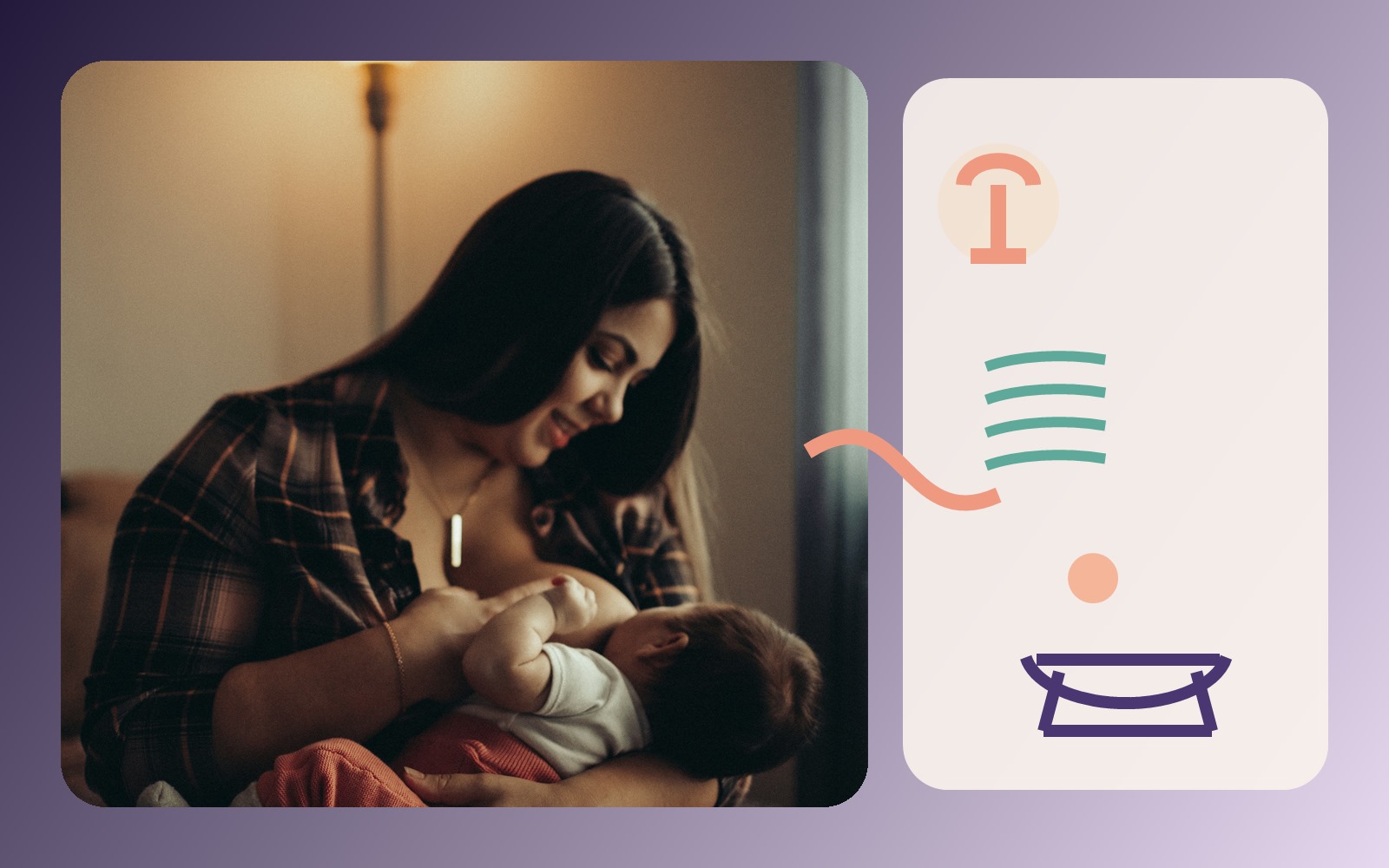 Awake caregiver breastfeeds under a warm lamp beside feeding-rhythm marks and a bare bassinet cue