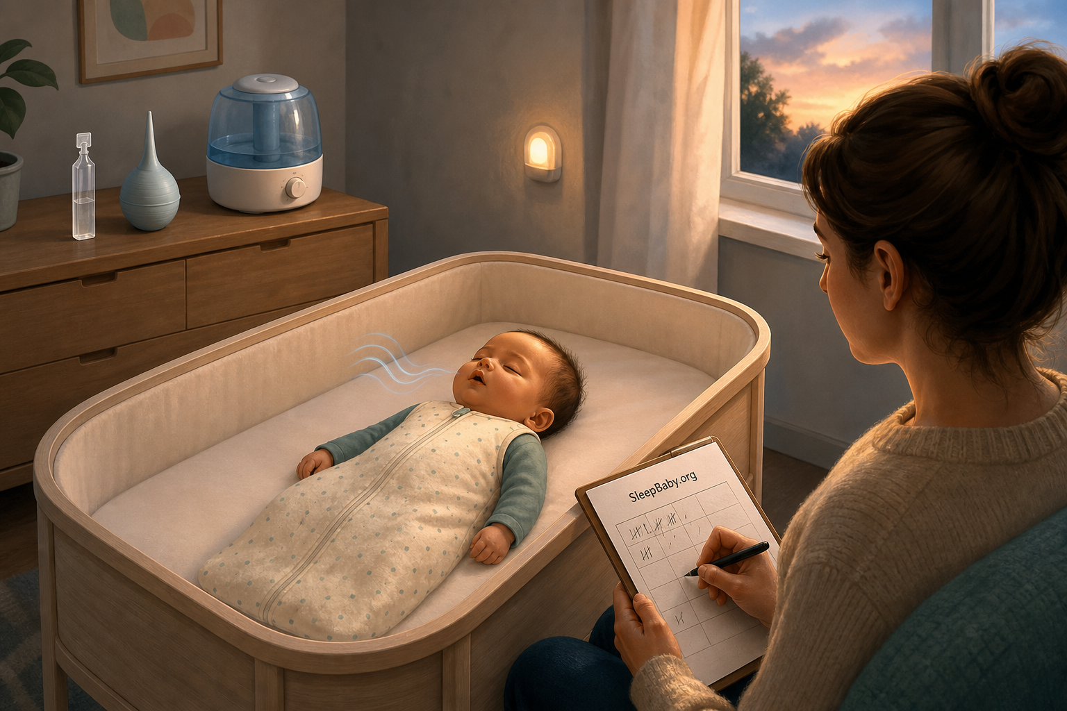 Caregiver recording a baby's nasal sleep sounds while saline, a bulb syringe, and a humidifier sit away from the bassinet