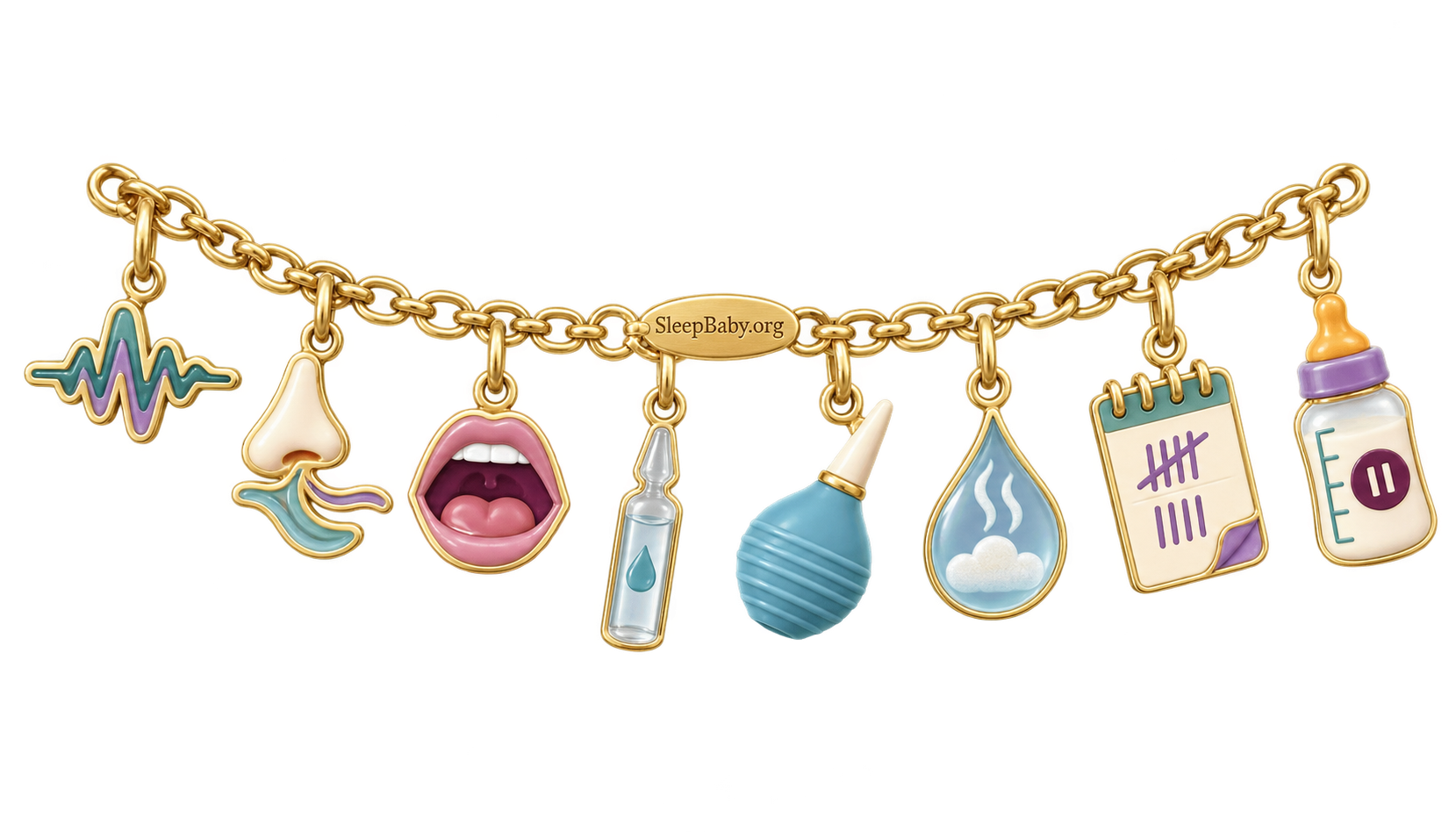Eight charms show nasal sound, airflow, mouth breathing, saline, suction, cool mist, a tally card, and feeding pauses