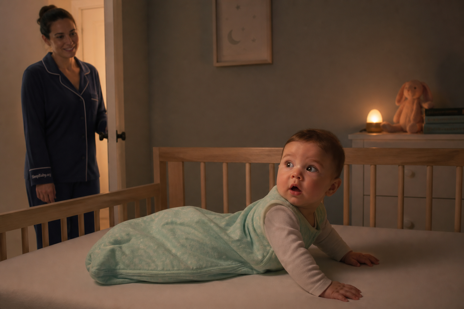 Awake baby looks surprised after rolling onto their belly in a firm bare crib while a caregiver pauses in the doorway