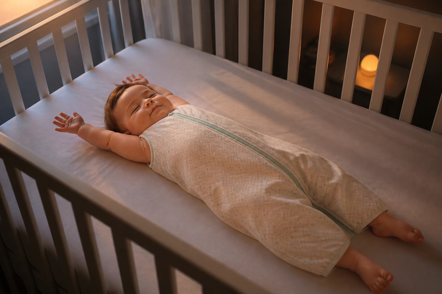 Baby in a sleep sack stretches both arms overhead on a bare fitted crib mattress at dawn.