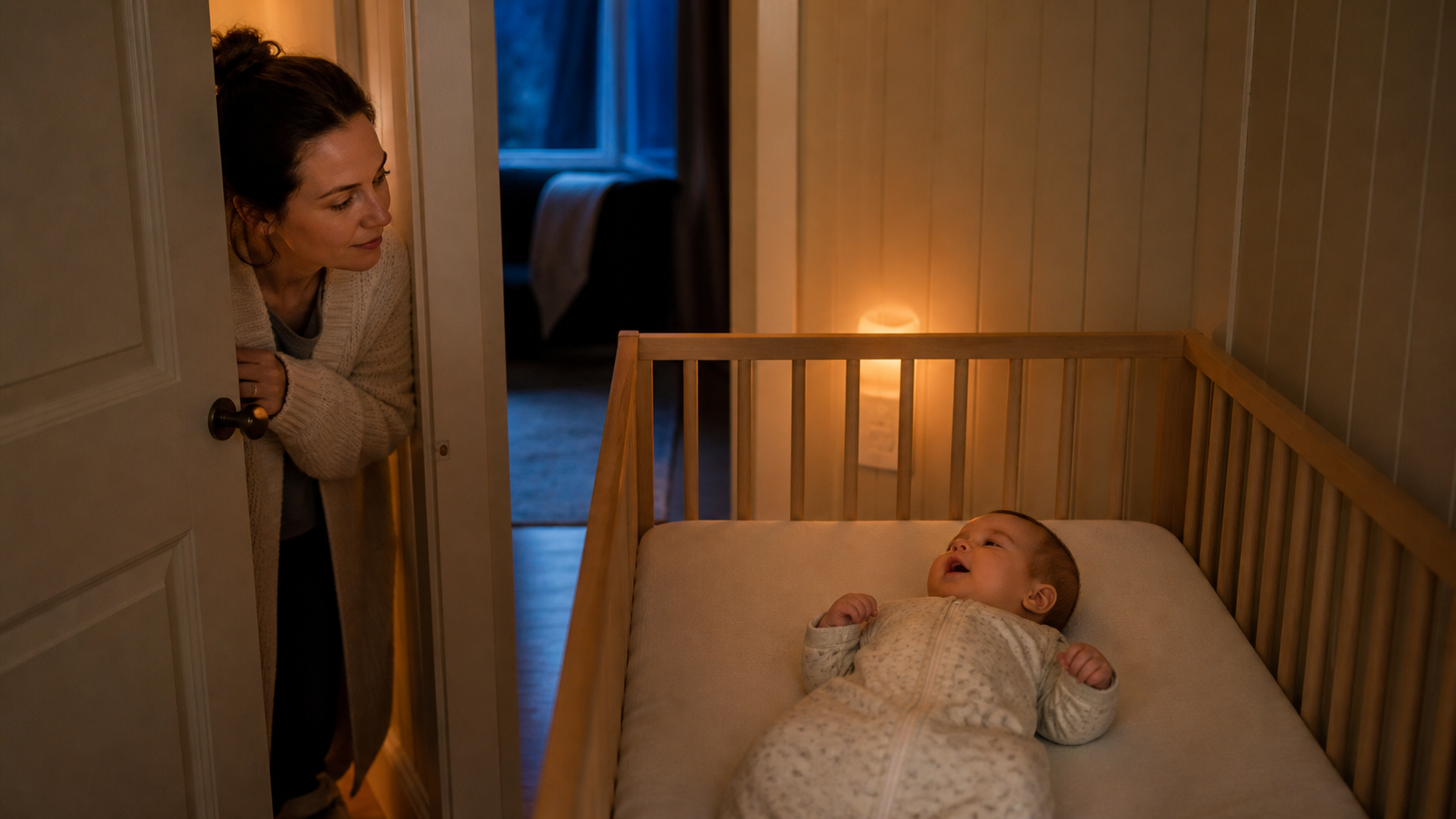 A parent listens from a dim nursery doorway while an awake baby vocalizes calmly on their back in an empty crib