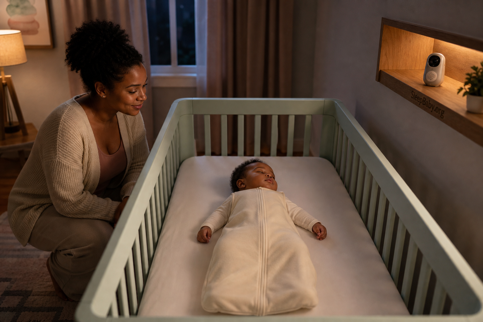 Mother makes a calm visual breathing and color check beside a baby sleeping on her back in a bare crib