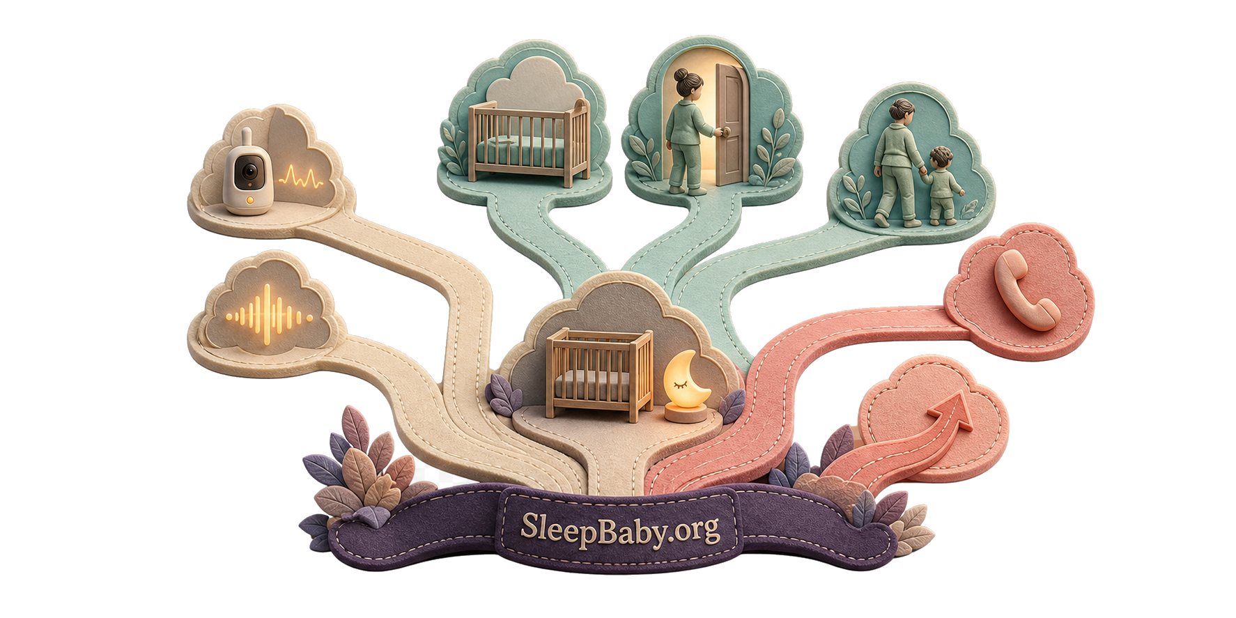 Transparent Act teaching rail branches from an audio monitor toward a bare crib, quiet doorway check, guided child, phone contact, and urgent action path