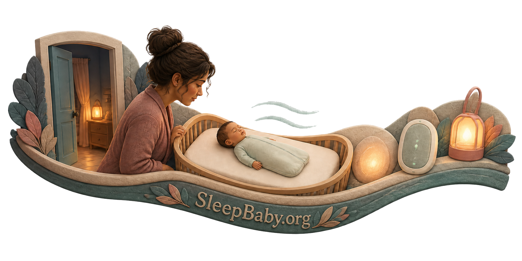 Transparent Body teaching rail shows a quiet doorway, caregiver, back-sleeping infant in a bare crib, audio monitor, and night light