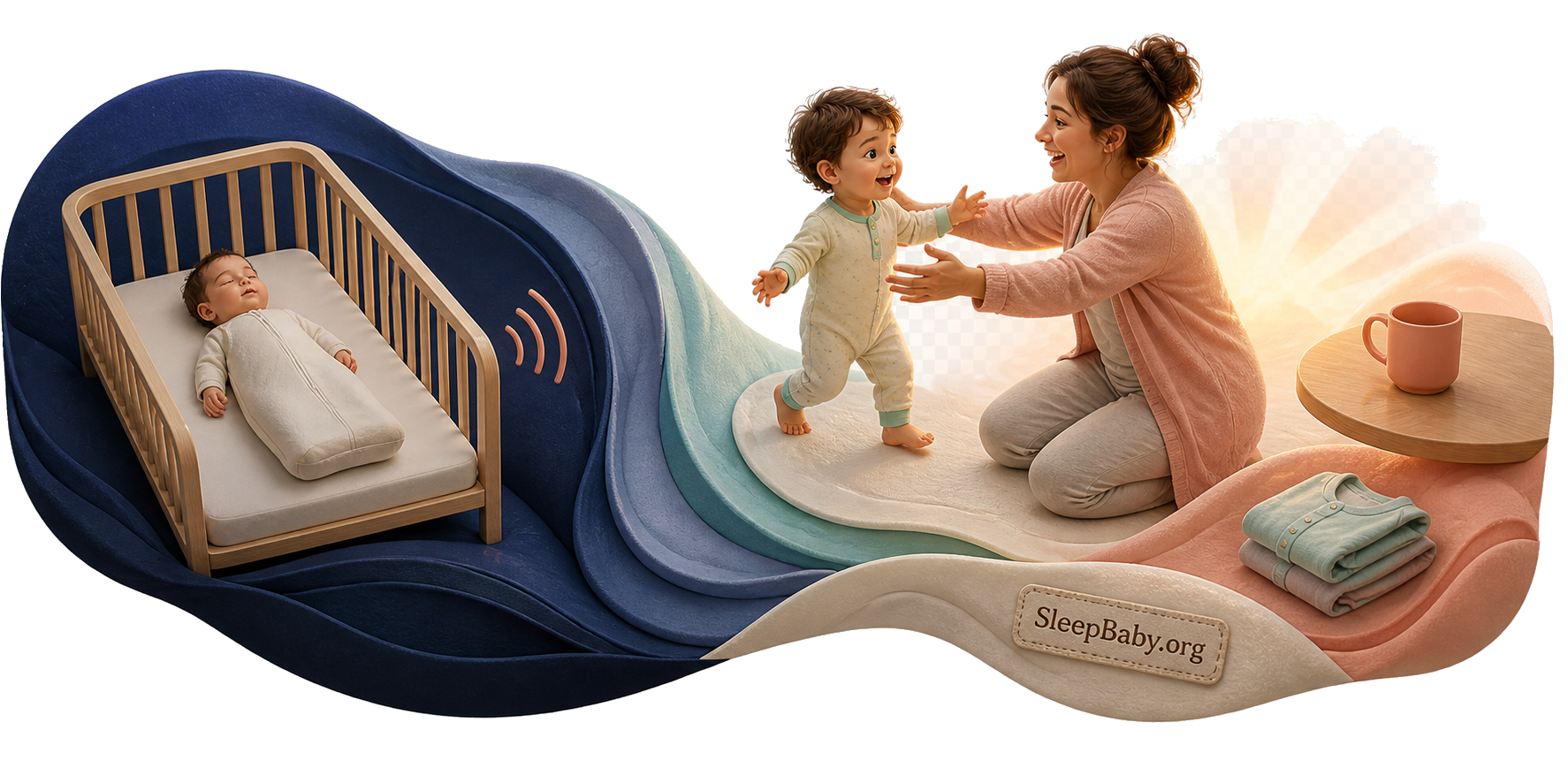 Transparent Morning teaching rail moves from a back-sleeping infant in a bare crib to an awake toddler greeting a caregiver at dawn