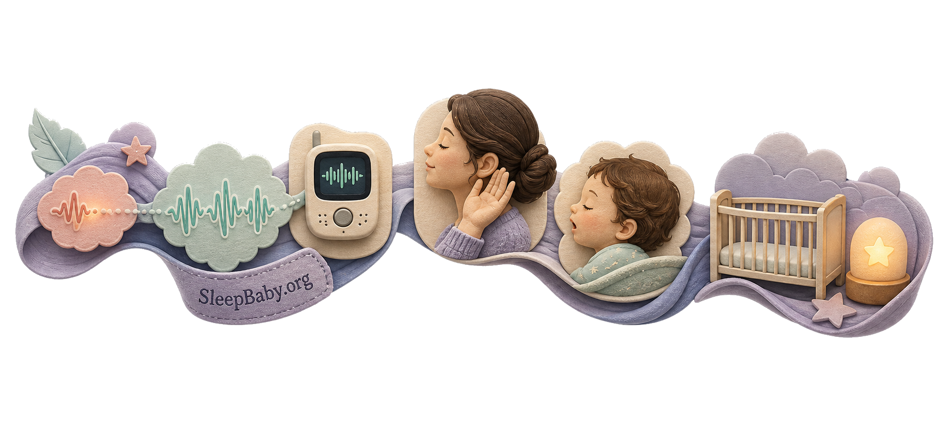 Transparent Sound teaching rail links a brief audio ripple, monitor, listening caregiver, sleeping child, and bare crib