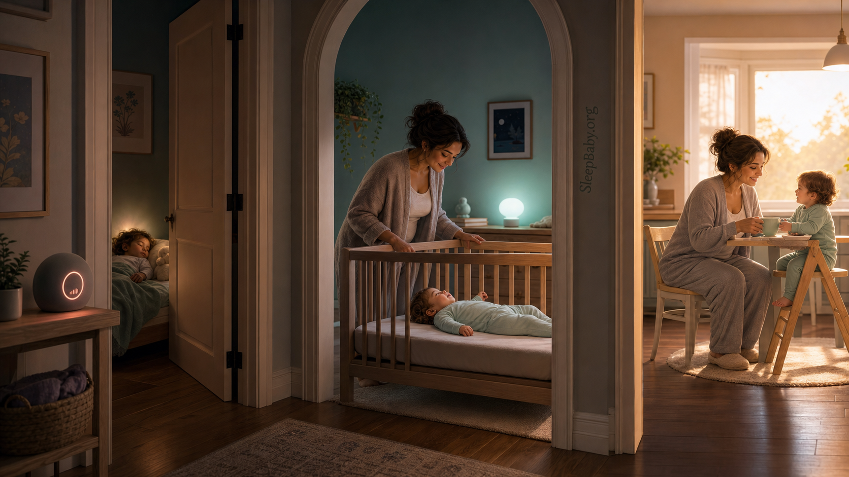 Night-to-morning triptych moves from a monitor sound to a calm crib check and an ordinary morning reunion