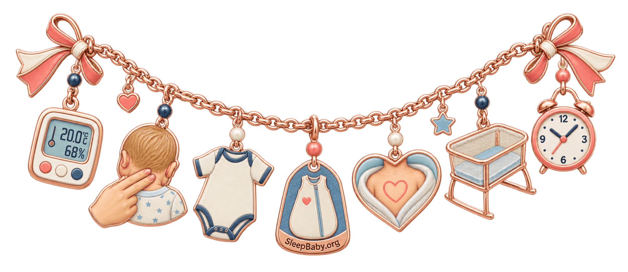 Rose-gold baby-temperature decision charms connect a room thermometer, neck-check hand, bodysuit, sleep bag, warm torso, empty bassinet, and recheck clock.