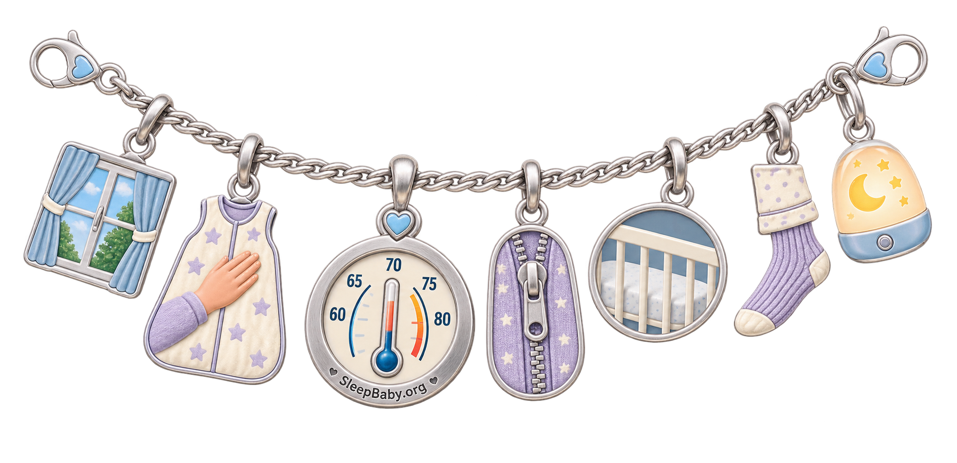 Silver baby-temperature charms connect a cool window, chest-check hand, room thermometer, sleep-sack zipper, bare crib rail, adult sock, and nightlight.