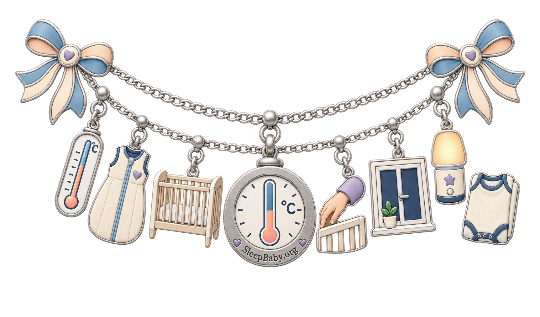 Pewter relief charms connect a stable thermometer, fitted sleep bag, bare crib, departing hand, closed window, nightlight, and one bodysuit.