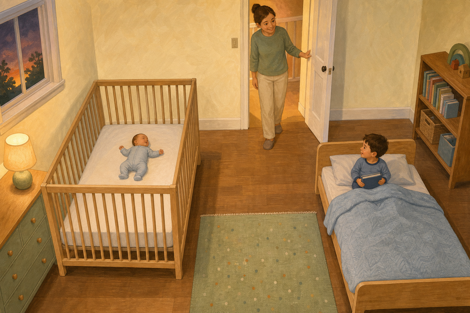 Baby on their back in a bare four-sided crib across a clear aisle from a toddler in a low bed