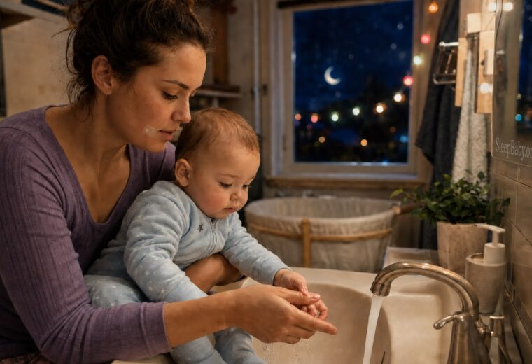 A caregiver gently washes an awake baby’s hand at a sink during a softly lit bedtime routine.