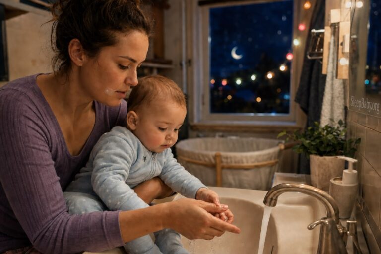 A caregiver gently washes an awake baby’s hand at a sink during a softly lit bedtime routine.