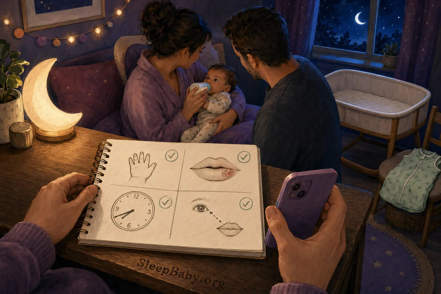 A phone and illustrated exposure note sit beside caregivers observing an awake baby’s feeding at night.