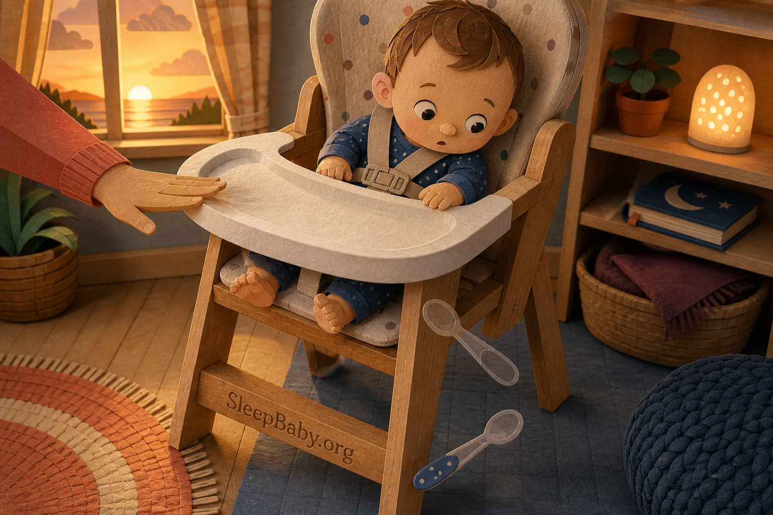 Awake baby follows a spoon as it falls past the high-chair leg.